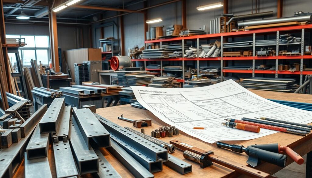 A well-lit workshop setting showcasing an array of essential materials and equipment for metallic structures. In the foreground, a selection of steel beams, brackets, fasteners, and tools like welding torches, grinders, and measuring devices. In the middle ground, a large construction plan sprawled across a workbench, highlighting the technical specifications. The background features shelves stocked with a variety of metal sheets, pipes, and other fabrication supplies, bathed in the warm glow of overhead lighting. The scene conveys a sense of precision, organization, and the technical expertise required for metallic structure installation.