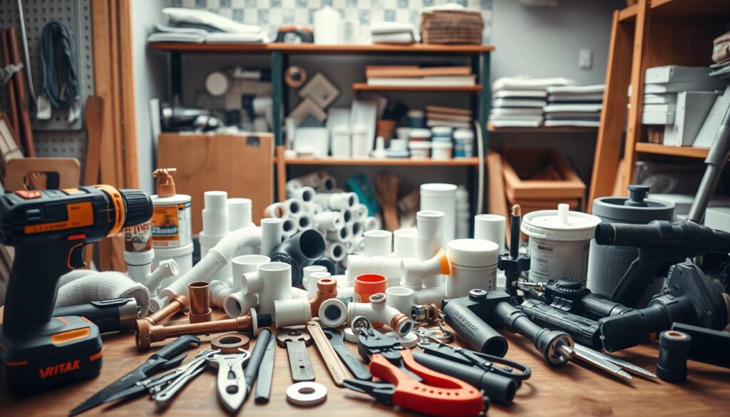 A well-lit workshop setting with an assortment of DIY tools and materials for a bathroom project. In the foreground, an arrangement of essential tools including a cordless drill, plumber's wrench, caulk gun, and utility knife. In the middle ground, various plumbing supplies such as copper pipes, PVC fittings, washers, and caulk. In the background, shelves stocked with tiles, grout, and other finishing materials. The lighting is warm and natural, casting soft shadows to create depth and emphasize the textures of the hardware. The overall mood is one of organization, preparedness, and the satisfaction of a DIY endeavor. A well-lit workshop setting with an assortment of DIY tools and materials for a bathroom project. In the foreground, an arrangement of essential tools including a cordless drill, plumber's wrench, caulk gun, and utility knife. In the middle ground, various plumbing supplies such as copper pipes, PVC fittings, washers, and caulk. In the background, shelves stocked with tiles, grout, and other finishing materials. The lighting is warm and natural, casting soft shadows to create depth and emphasize the textures of the hardware. The overall mood is one of organization, preparedness, and the satisfaction of a DIY endeavor.