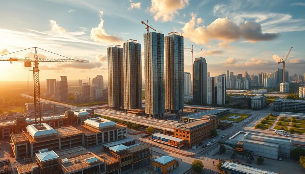 An architectural landscape showcasing the latest trends and technologies in the construction industry. In the foreground, a cutting-edge smart construction site with advanced robotics, 3D-printed building components, and augmented reality displays guiding workers. In the middle ground, towering modular skyscrapers with energy-efficient facades and integrated renewable energy systems. In the background, a bustling metropolis with innovative sustainable buildings, automated transportation, and lush green spaces. Illuminated by warm, golden sunlight filtering through wispy clouds, the scene radiates a sense of progress and innovation shaping the future of the built environment.