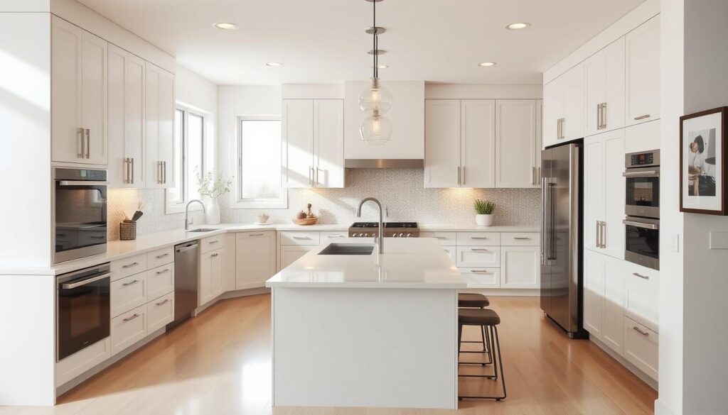 An elegantly designed modern kitchen, with sleek and minimalist cabinetry in a soothing neutral palette. The layout features a spacious central island with a glossy quartz countertop, complemented by pendant lighting that casts a warm, ambient glow. Thoughtfully placed windows allow natural light to flood the space, creating a bright and airy atmosphere. The backsplash is a stunning tile pattern that adds a touch of visual interest, while stainless steel appliances gleam against the clean lines. Carefully curated decor elements, such as potted plants and subtle artwork, lend a personalized touch to this beautifully crafted, dream kitchen.