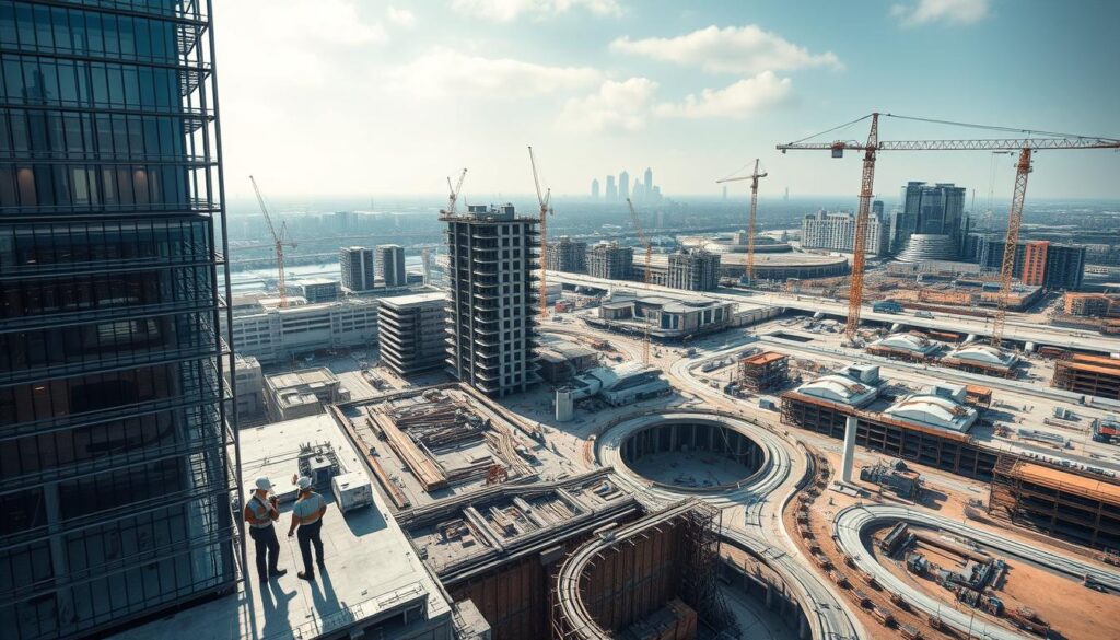 An expansive architectural scene showcasing the diverse applications of Diagnostic Engineering within the construction industry. In the foreground, a team of engineers meticulously inspecting the structural integrity of a towering skyscraper, utilizing advanced sensors and diagnostic tools. In the middle ground, a network of underground utilities and pipelines are being carefully mapped and evaluated, ensuring the seamless integration of essential services. Further back, a sprawling construction site bustles with activity, where Diagnostic Engineering principles are being applied to monitor material quality, soil conditions, and environmental impact. Soft, diffused lighting illuminates the scene, creating a sense of technical proficiency and forward-thinking vision. Captured with a wide-angle lens to convey the grand scale and scope of Diagnostic Engineering's role in modern construction.