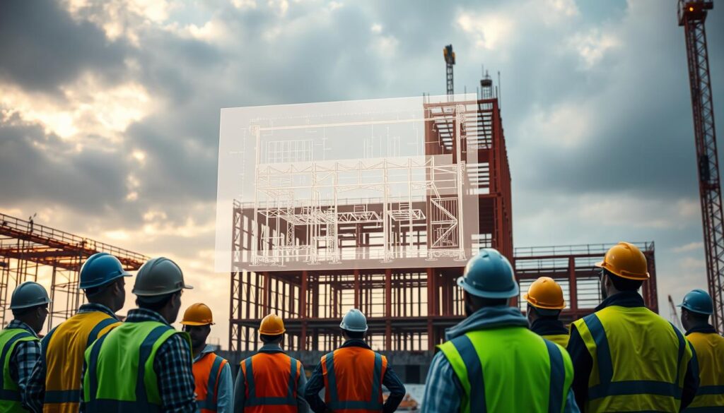 An organized construction site, with workers in hard hats and safety vests collaborating in the foreground. Behind them, a blueprint-style diagram of the building's structural framework hovers in the air, illuminated by warm, directional lighting. In the background, the partially constructed building's skeleton rises, framed by a cloudy, atmospheric sky. The scene conveys a sense of progress, teamwork, and the complex interplay between planning and execution in a construction project.