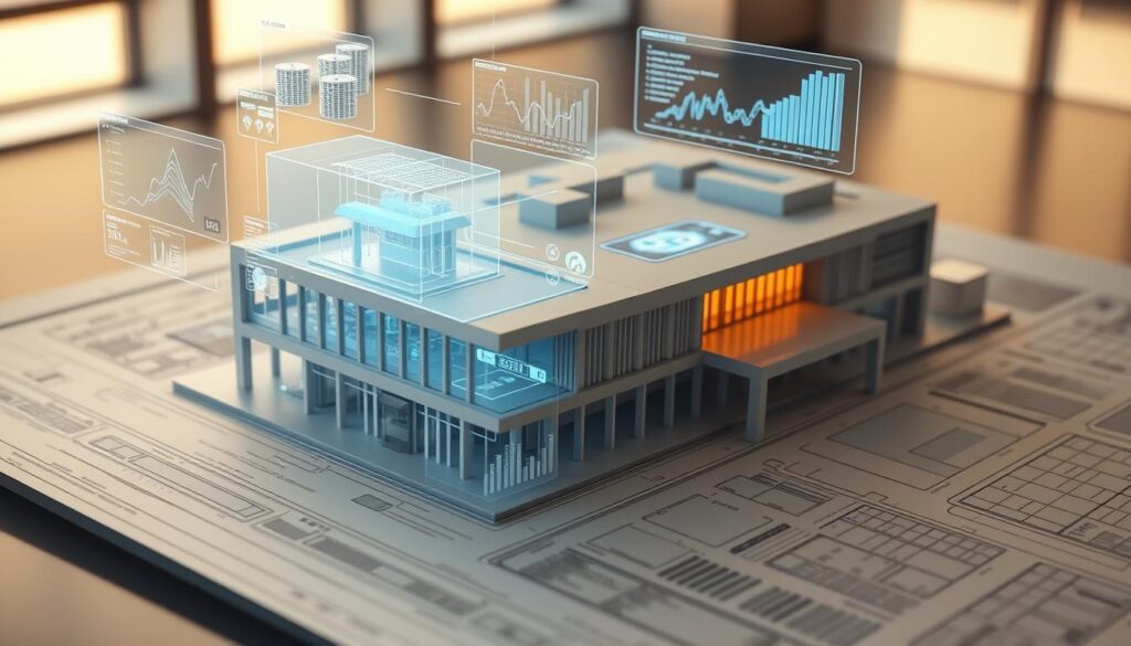 Detailed architectural blueprint with integrated data visualizations and business intelligence insights. Sleek modern BIM model with smooth surfaces, sharp edges, and clean lines. Holographic projections of 3D CAD designs, real-time sensor readings, and financial analytics overlaid on the scene. Soft, warm lighting illuminates the high-tech workspace, creating a contemplative, productive atmosphere. Minimal color palette of greys, blues, and whites conveys professionalism and technical sophistication. Subtle use of depth of field and camera angle highlights the seamless integration of digital and physical elements. Detailed architectural blueprint with integrated data visualizations and business intelligence insights. Sleek modern BIM model with smooth surfaces, sharp edges, and clean lines. Holographic projections of 3D CAD designs, real-time sensor readings, and financial analytics overlaid on the scene. Soft, warm lighting illuminates the high-tech workspace, creating a contemplative, productive atmosphere. Minimal color palette of greys, blues, and whites conveys professionalism and technical sophistication. Subtle use of depth of field and camera angle highlights the seamless integration of digital and physical elements.
