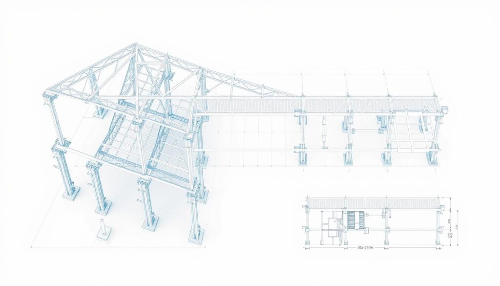 Detailed architectural schematic of metal structural plans and sections, showcasing intricate construction detailing. Crisp, technical line drawings illustrate a comprehensive overview of the structural system, including column, beam, and connection elements. Sleek, minimalist style with clean geometry and precise linework, captured under even, shadowless studio lighting to highlight the engineering precision. Rendered in a muted color palette of grays and blues to convey the technical, engineering-focused nature of the subject matter. Elevated, bird's-eye perspective to provide a clear, comprehensive view of the structural plans and sections.