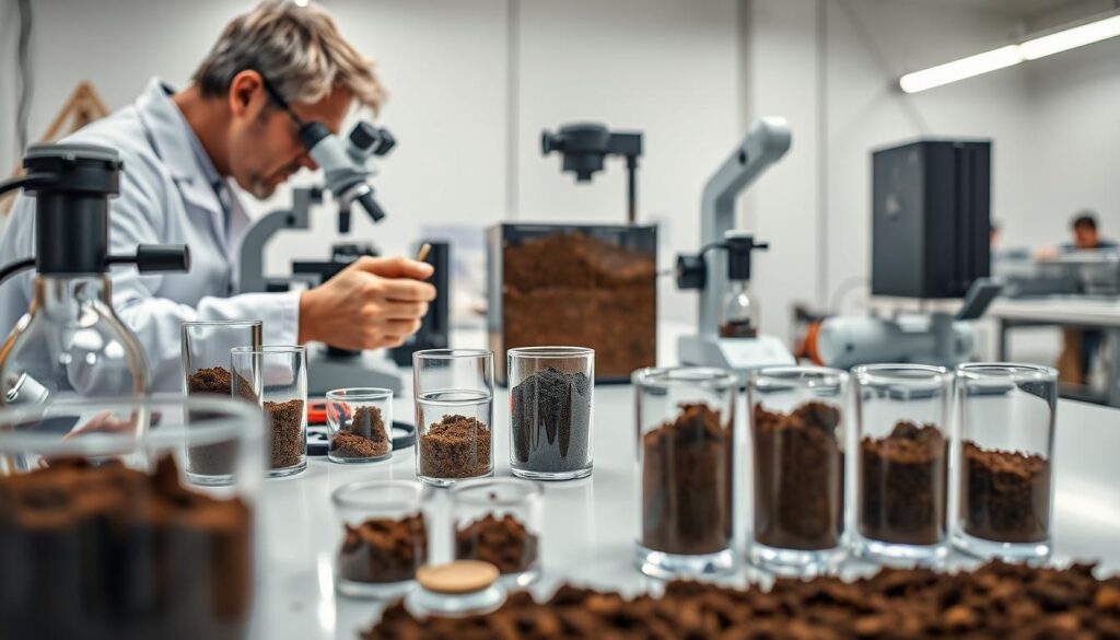 Detailed image of soil analysis for building foundations. A scientist in a white lab coat examines soil samples under a microscope, with various soil testing equipment and soil samples in glass containers arranged neatly on a clean, well-lit workbench. The image has a professional, technical atmosphere, conveying the importance of thorough soil analysis for constructing sturdy, reliable foundations. The lighting is bright and even, with a shallow depth of field focusing attention on the scientific examination. The overall tone is one of precision, care, and the pursuit of critical information to ensure the safety and longevity of a building's structural integrity.