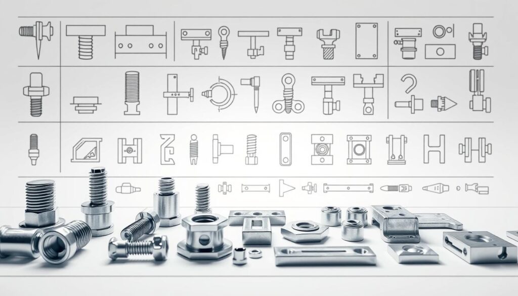Detailed structural symbols depicting various metallic connections and fasteners, captured in a high-resolution technical illustration. The foreground showcases an array of symbols including bolts, welds, rivets, and plate connections, meticulously rendered against a clean, minimalist background. Crisp lighting accentuates the intricate details, conveying a sense of precision and engineering prowess. The middle ground features the structural elements in a clear, organized layout, allowing the viewer to easily discern the different connection types. The background maintains a neutral, technical aesthetic to maintain the focus on the structural symbols as the central subject matter.