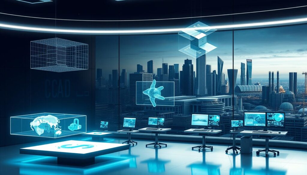 Detailed technical transformations in computer-aided design (CAD) software over time. A sleek, futuristic rendering showcasing the evolution of CAD tools and interfaces, from early wireframe models to modern parametric modeling and real-time visualization. In the foreground, floating holographic displays demonstrate advanced 3D CAD capabilities. The middle ground features a progression of CAD workstations, each with increasingly sophisticated hardware and intuitive user experiences. In the background, a cityscape with skyscrapers and industrial facilities highlights the real-world applications of CAD technology. Ambient lighting casts a cool, high-tech tone, emphasizing the constant innovations transforming the CAD landscape. Detailed technical transformations in computer-aided design (CAD) software over time. A sleek, futuristic rendering showcasing the evolution of CAD tools and interfaces, from early wireframe models to modern parametric modeling and real-time visualization. In the foreground, floating holographic displays demonstrate advanced 3D CAD capabilities. The middle ground features a progression of CAD workstations, each with increasingly sophisticated hardware and intuitive user experiences. In the background, a cityscape with skyscrapers and industrial facilities highlights the real-world applications of CAD technology. Ambient lighting casts a cool, high-tech tone, emphasizing the constant innovations transforming the CAD landscape.