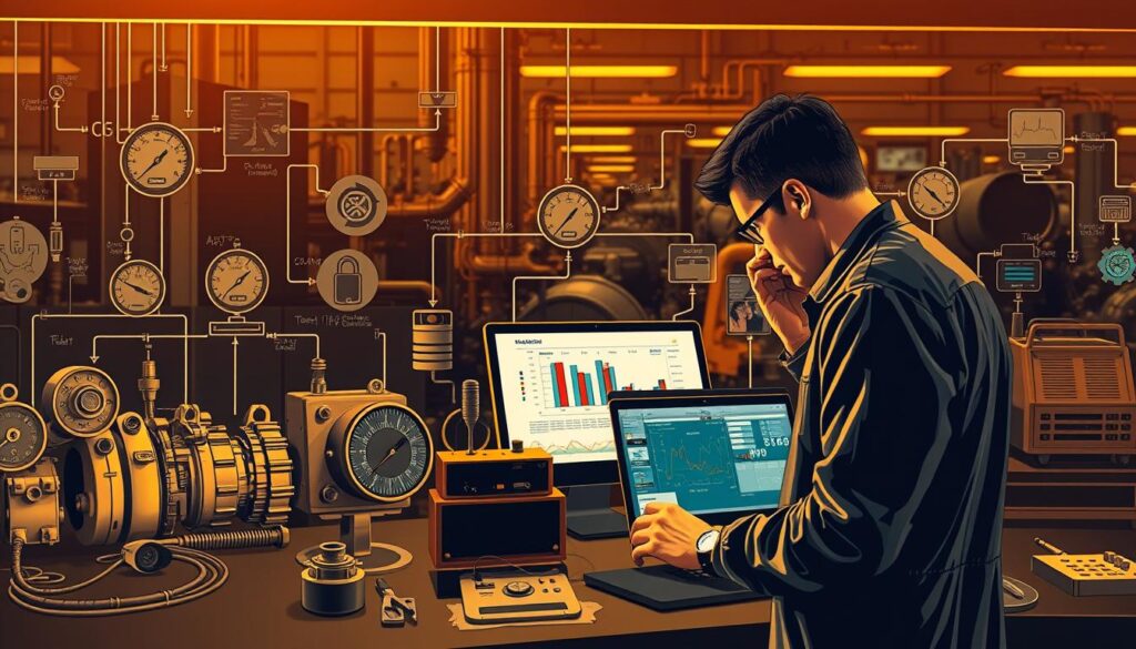 Diagnostic process in engineering: a complex technical illustration showcasing various stages and components. In the foreground, an engineer inspecting a mechanical system, scrutinizing gauges and schematics. In the middle ground, diagnostic tools and equipment arranged neatly, including a laptop displaying analytical software. The background reveals a dimly lit, industrial setting with machinery and equipment, conveying a sense of precision and problem-solving. Warm lighting from overhead casts shadows, emphasizing the intricate details. The scene conveys a methodical, investigative approach to engineering diagnostics, with a focus on thorough analysis and data-driven decision making.