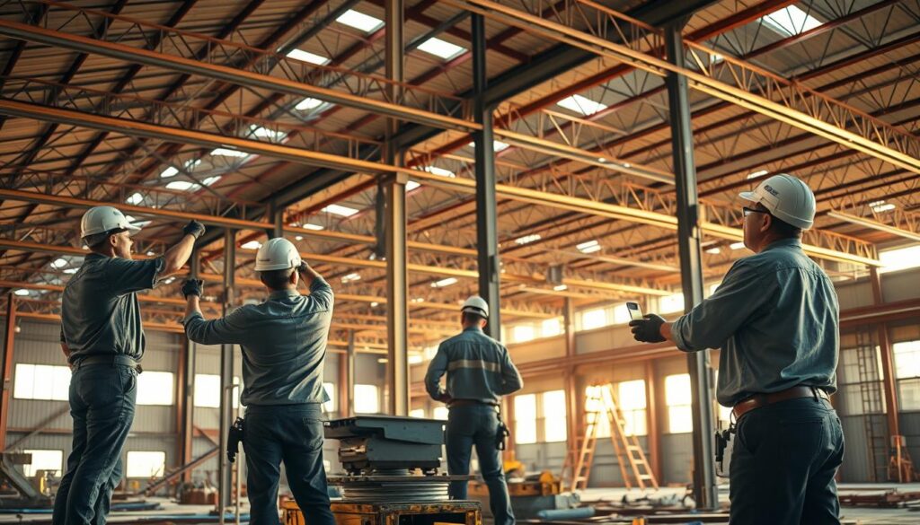 Experienced professionals constructing a robust metal structure in a well-lit industrial setting. In the foreground, skilled workers expertly assemble steel beams and joists, their confident movements conveying years of expertise. The middle ground features specialized tools and equipment, while the background showcases the expansive scale of the metallic framework taking shape. Warm lighting casts dynamic shadows, highlighting the precision and care taken in the construction process. An atmosphere of professionalism, efficiency, and attention to detail pervades the scene, embodying the importance of experienced personnel in successful metal structure projects. Experienced professionals constructing a robust metal structure in a well-lit industrial setting. In the foreground, skilled workers expertly assemble steel beams and joists, their confident movements conveying years of expertise. The middle ground features specialized tools and equipment, while the background showcases the expansive scale of the metallic framework taking shape. Warm lighting casts dynamic shadows, highlighting the precision and care taken in the construction process. An atmosphere of professionalism, efficiency, and attention to detail pervades the scene, embodying the importance of experienced personnel in successful metal structure projects.