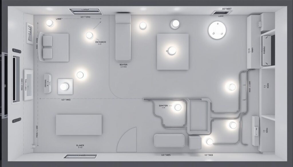 Planejamento de projeto elétrico residencial: uma ilustração detalhada de um plano de layout elétrico para uma casa, com uma vista superior mostrando a disposição de luminárias, interruptores, tomadas e cabos em uma elegante paleta de cores neutra, com ênfase em uma iluminação suave e eficiente. A composição inclui uma planta de piso com medições precisas, símbolos e esquemas elétricos, bem como uma vista ampliada de uma seção da instalação para revelar os detalhes técnicos. A imagem transmite organização, precisão e um design bem pensado, capturando o espírito de um projeto elétrico residencial bem-sucedido.