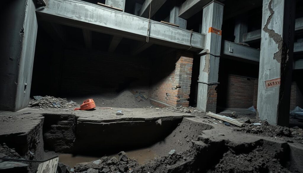 Structural errors in construction site: Cracked concrete foundations, misaligned steel beams, and subsiding ground. A dimly lit environment with harsh shadows, conveying a sense of concern and urgency. Capture the scene from a low angle, emphasizing the towering, precarious nature of the structural problems. Include details like exposed rebar, crumbling brickwork, and pooling water to illustrate the severity of the issues. The overall mood should be one of disrepair and the need for immediate attention to address these critical structural flaws.