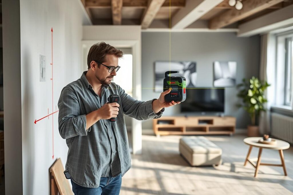 Trena a Laser Bosch 30m GLM 30-23 Professional sendo utilizada em projeto de design de interiores Trena a Laser Bosch 30m GLM 30-23 Professional sendo utilizada em projeto de design de interiores